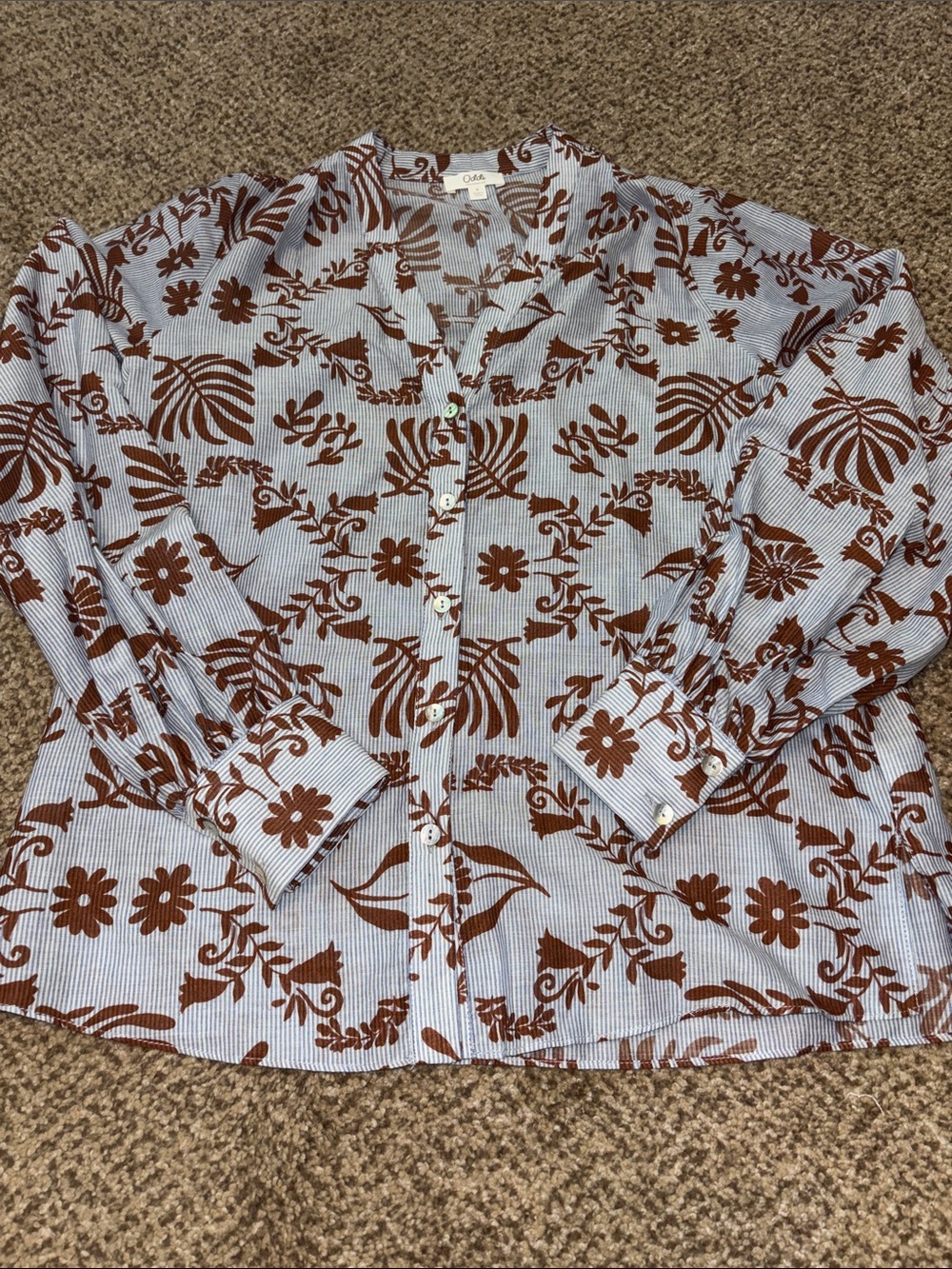 New Oddi Blue and Brown Floral-Print Striped Shirt Small